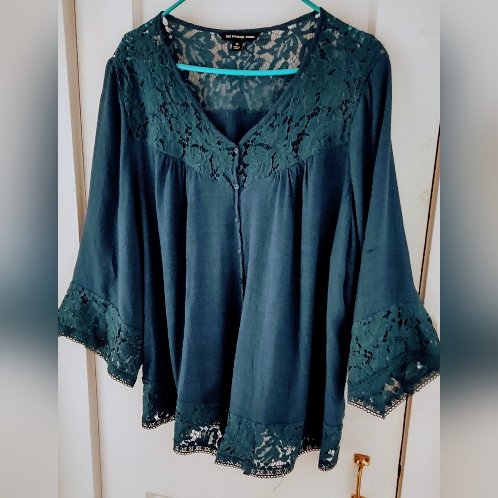 Teal Smock Style Blouse Sheer Lace Yoke & Hem